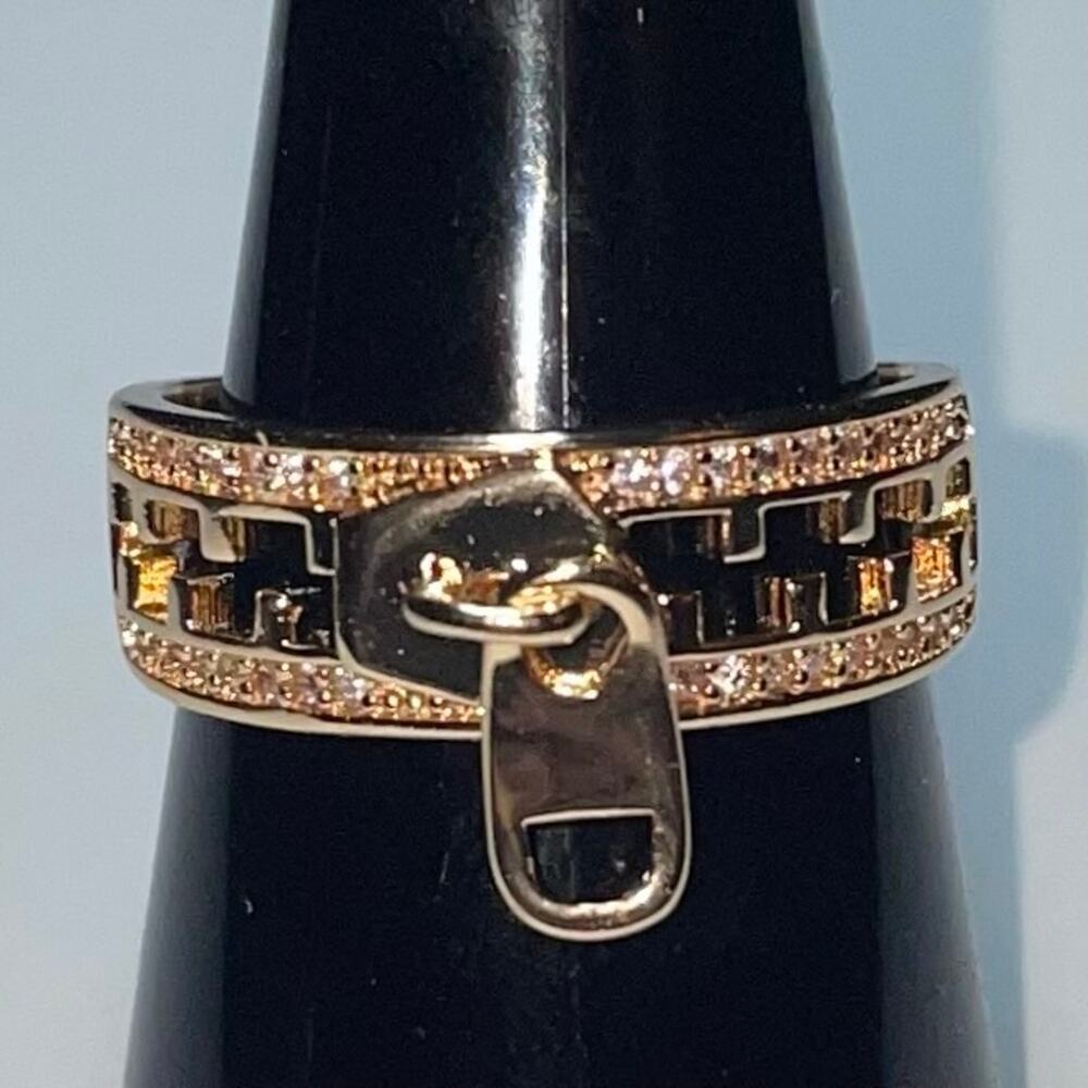 Rose Gold Plated Stainless Steel Zipper Ring with Cubic Zirconia Size 8.5